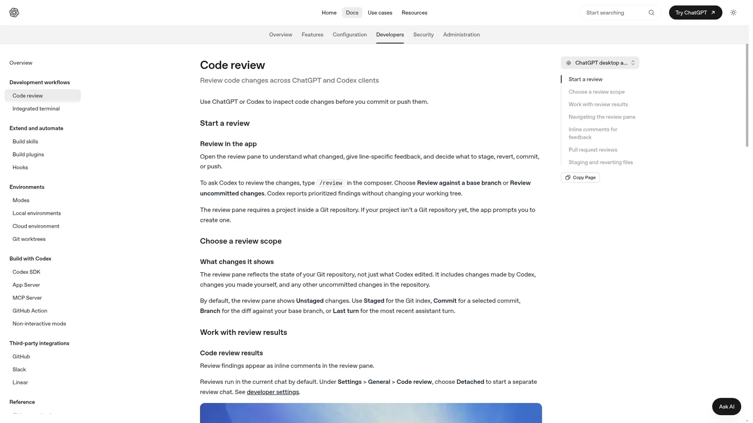 Codex local code review documentation with diff scopes and review findings