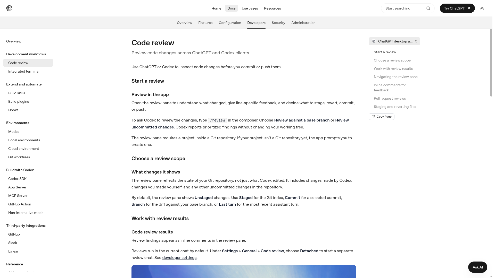 Codex local code review documentation with diff scopes and review findings