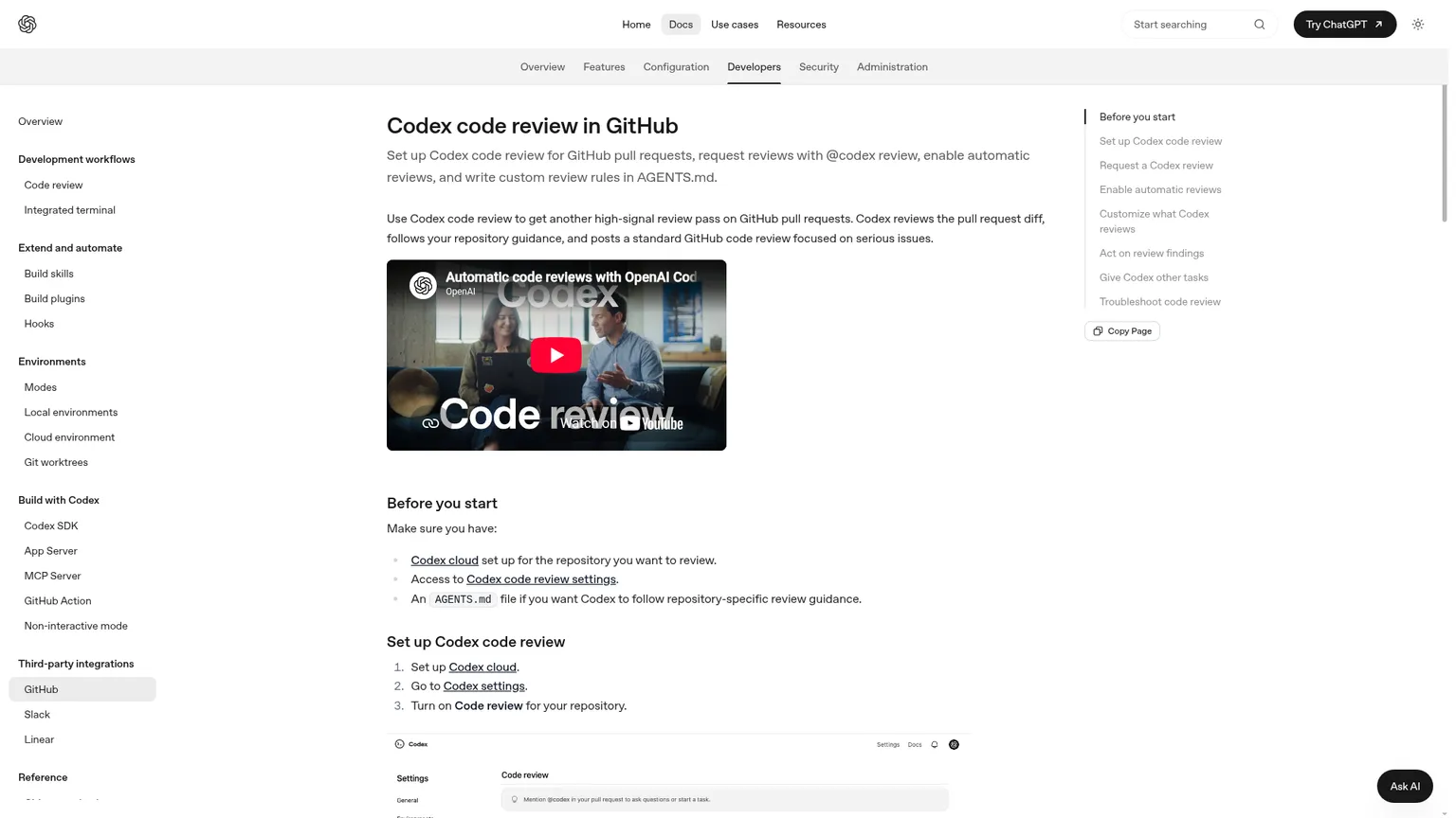 Codex GitHub Code Review documentation showing review setup and pull-request triggers