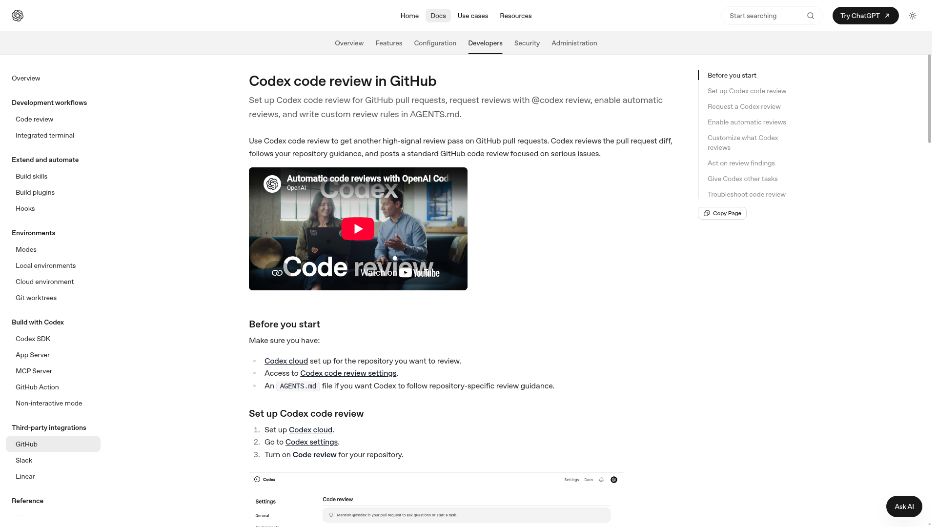 Codex GitHub Code Review documentation showing review setup and pull-request triggers