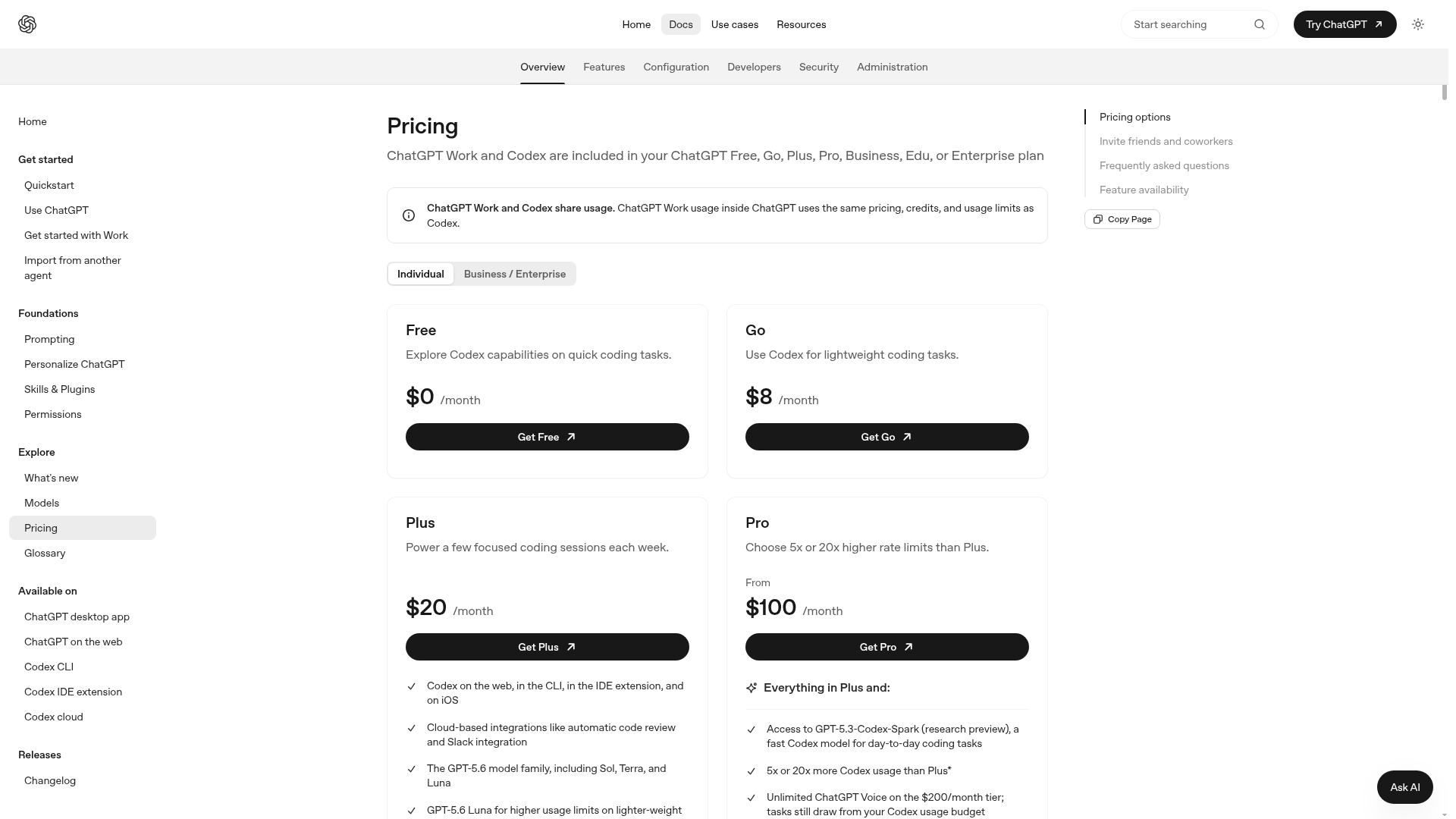 Official Codex pricing page with individual and business plan tiers
