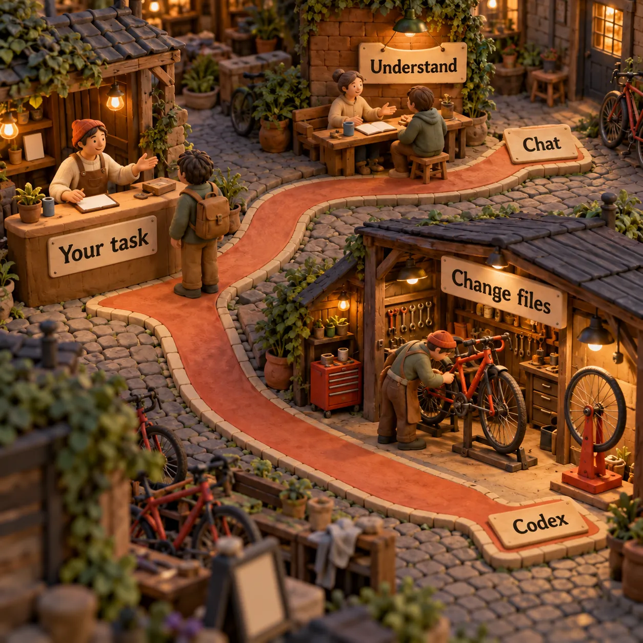A repair courtyard branches into a consultation path for Chat and an equipped repair path for Codex