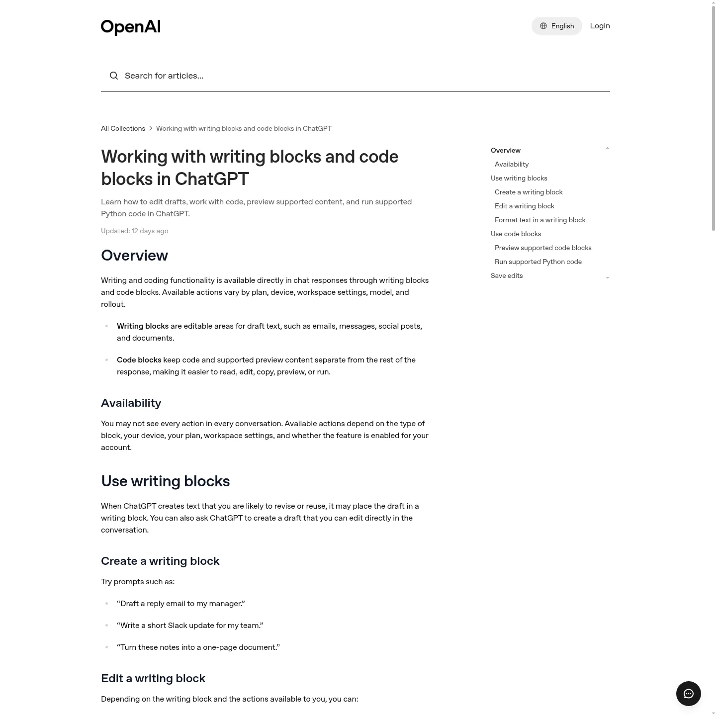 OpenAI's documentation for editing, previewing and running supported code blocks in ChatGPT