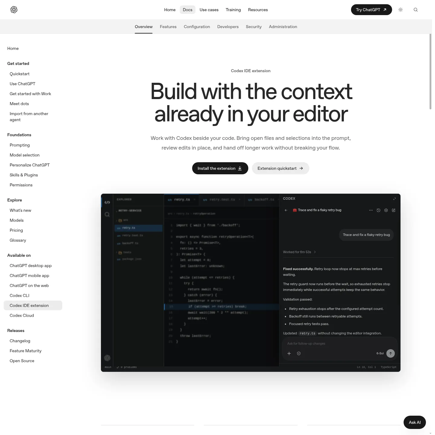 OpenAI's Codex IDE documentation showing file context, a code change and review controls