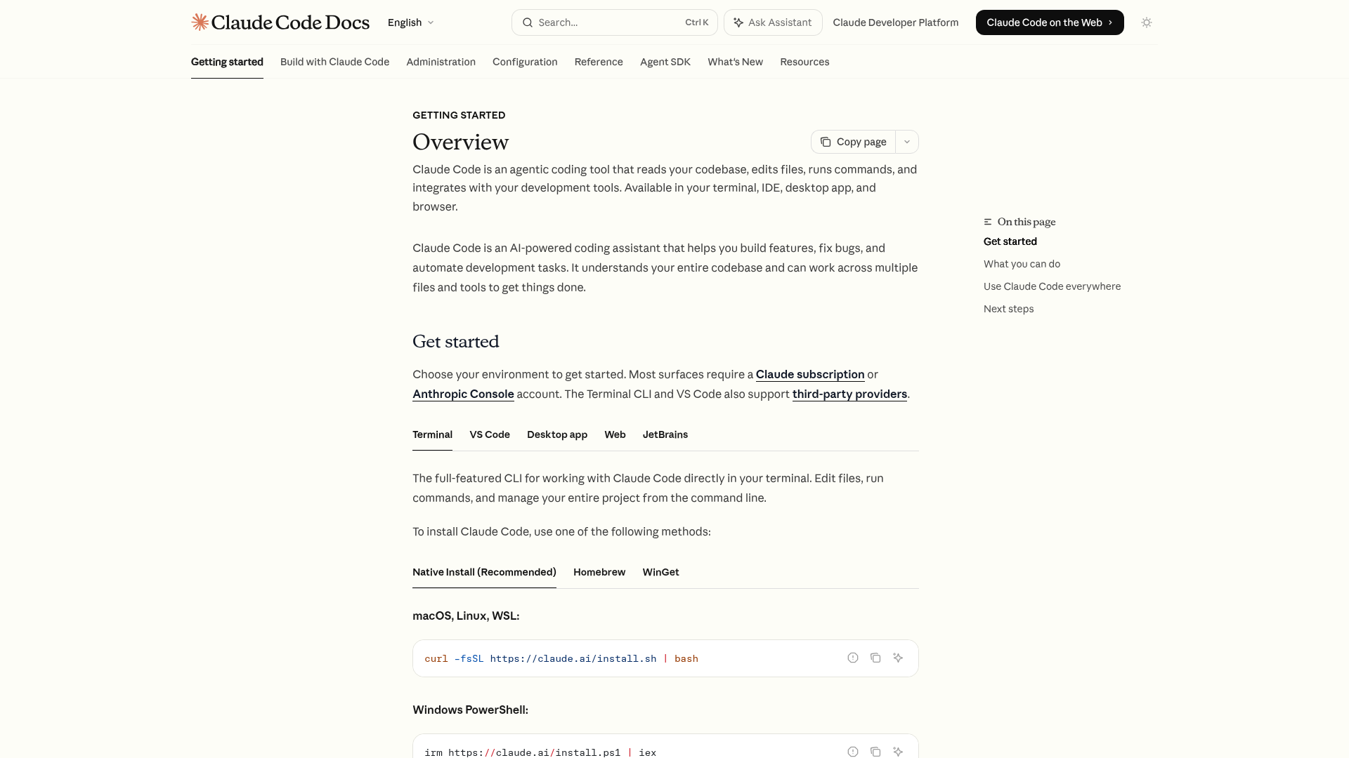 Claude Code documentation page showing terminal and IDE surfaces