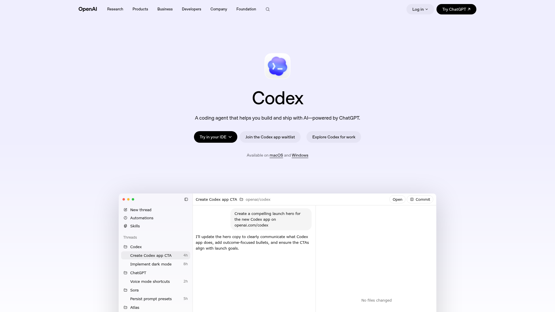 OpenAI Codex coding agent interface