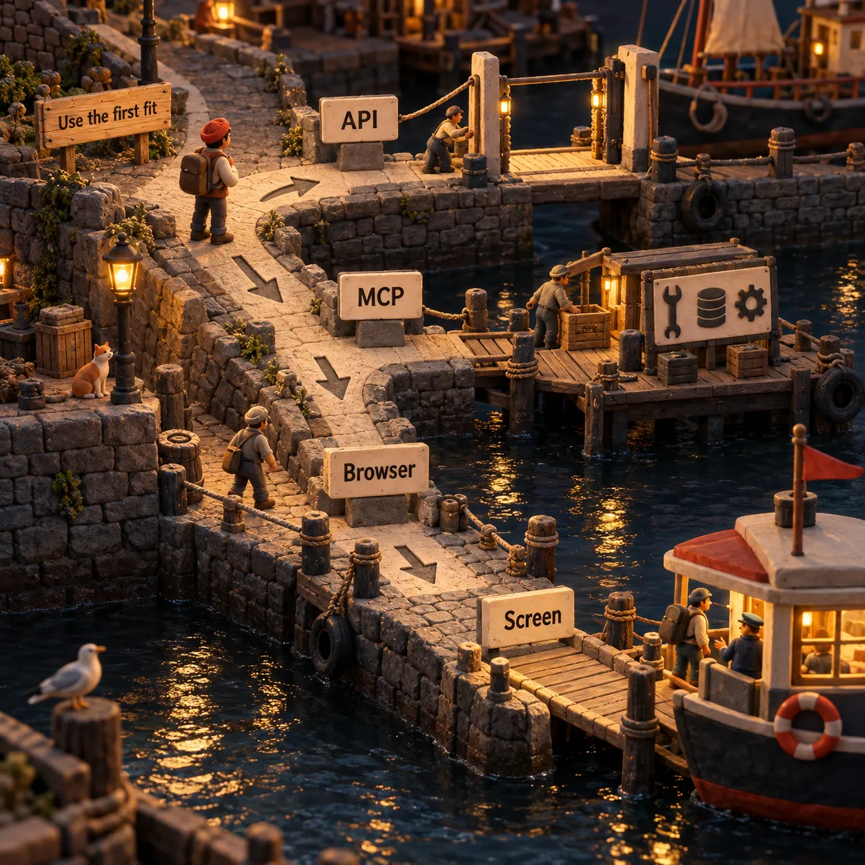 An ordered harbor route checks API access, MCP tools, browser automation, and finally screen control