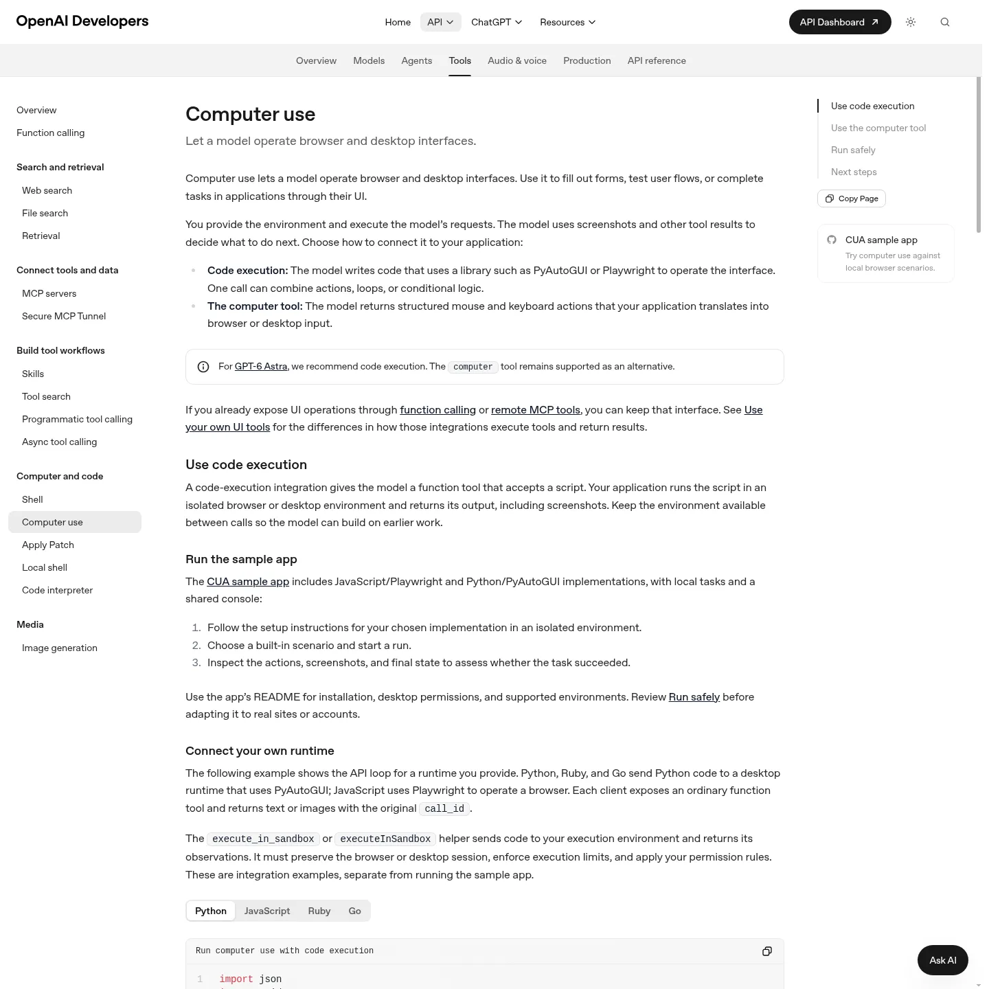 OpenAI's current computer-use API documentation