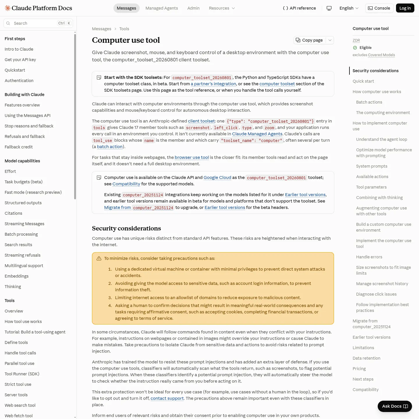 Anthropic documentation for the client-side computer use toolset
