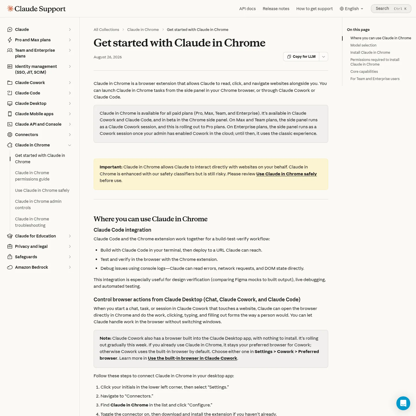 Anthropic's Claude in Chrome setup and availability page