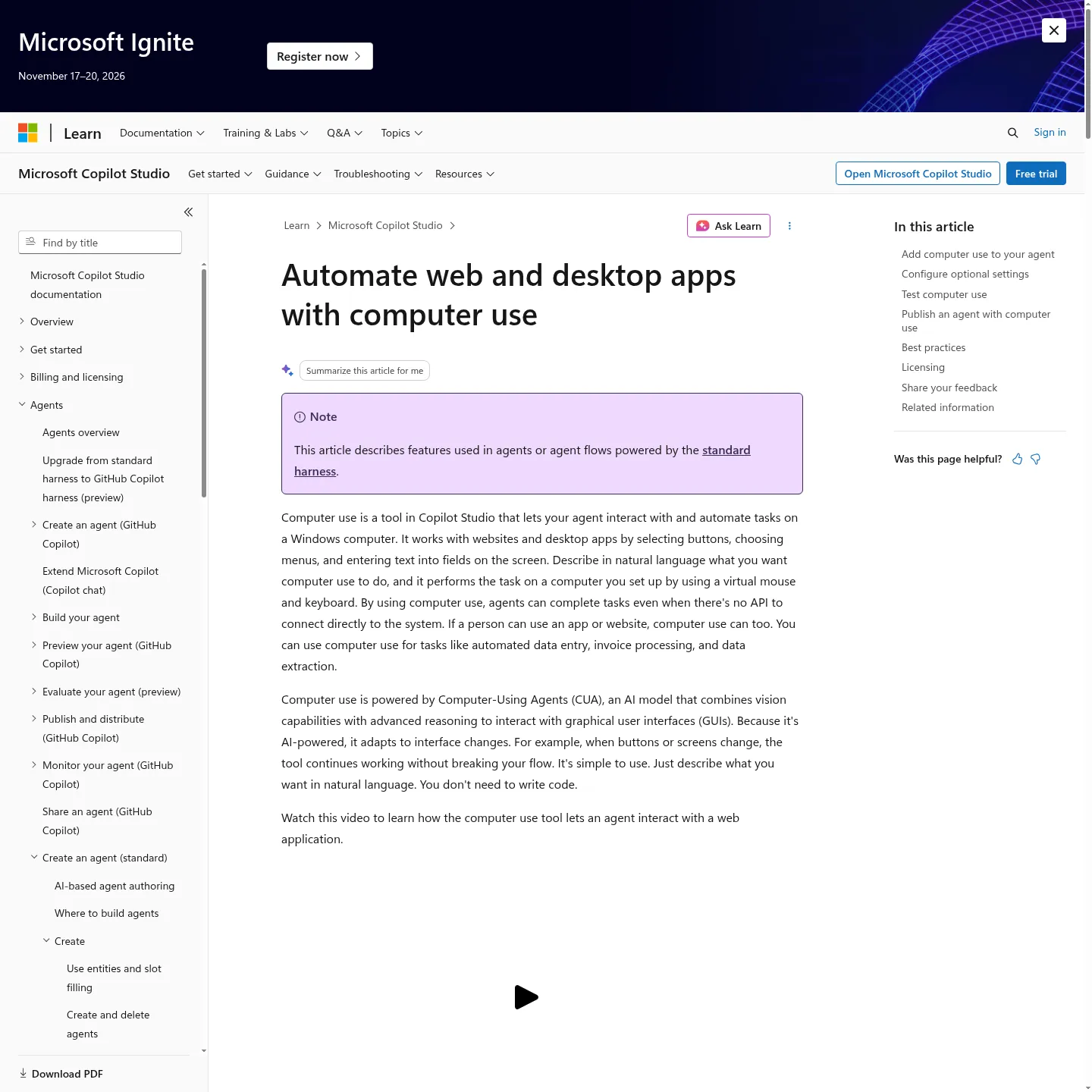 Microsoft Copilot Studio documentation for web and desktop computer use