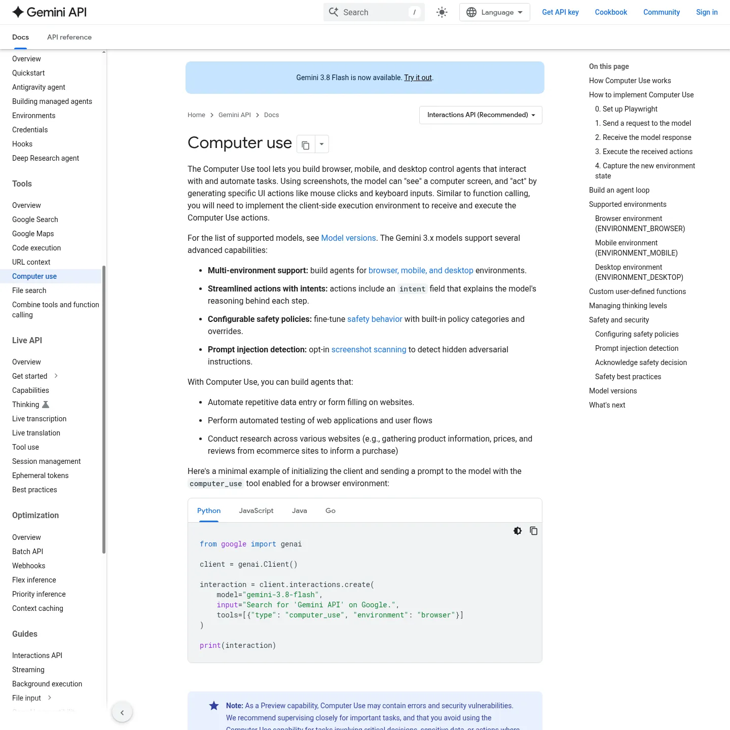 Google's Gemini Computer Use developer documentation