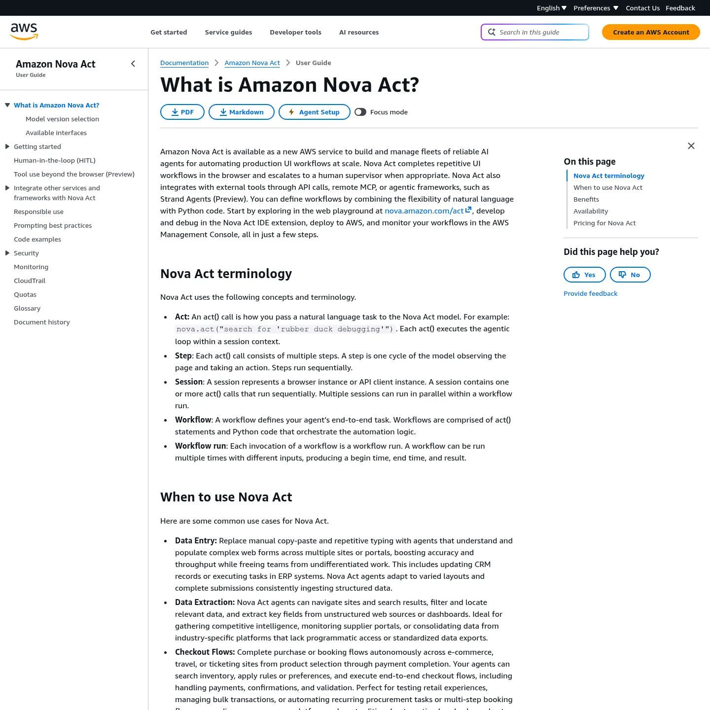 AWS documentation describing Amazon Nova Act browser workflows