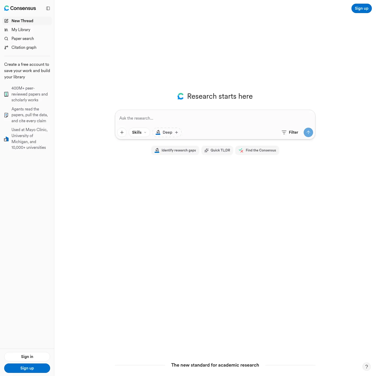 Consensus public homepage with its research search interface and source controls