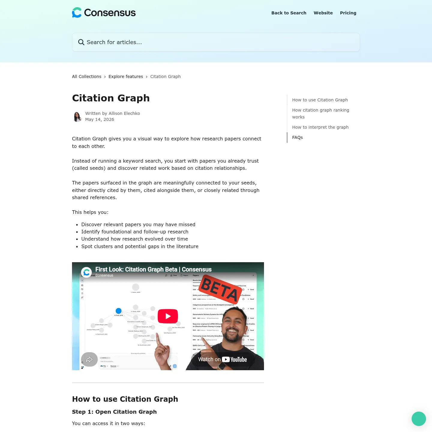 Consensus Citation Graph documentation including its warning that graphs are not saved in beta
