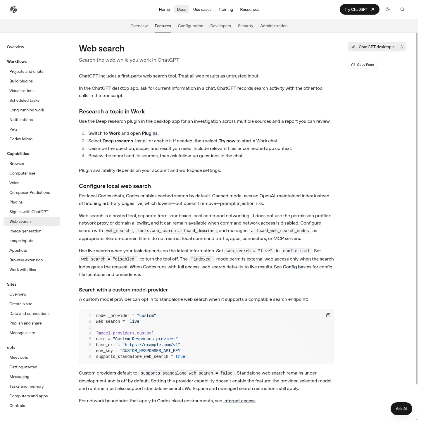 Official ChatGPT documentation explaining web citations and Deep research