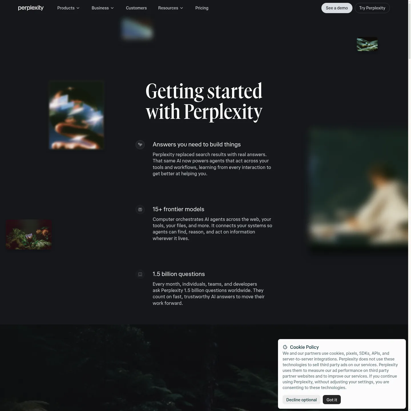 Perplexity getting-started page showing sourced research across business and academic material