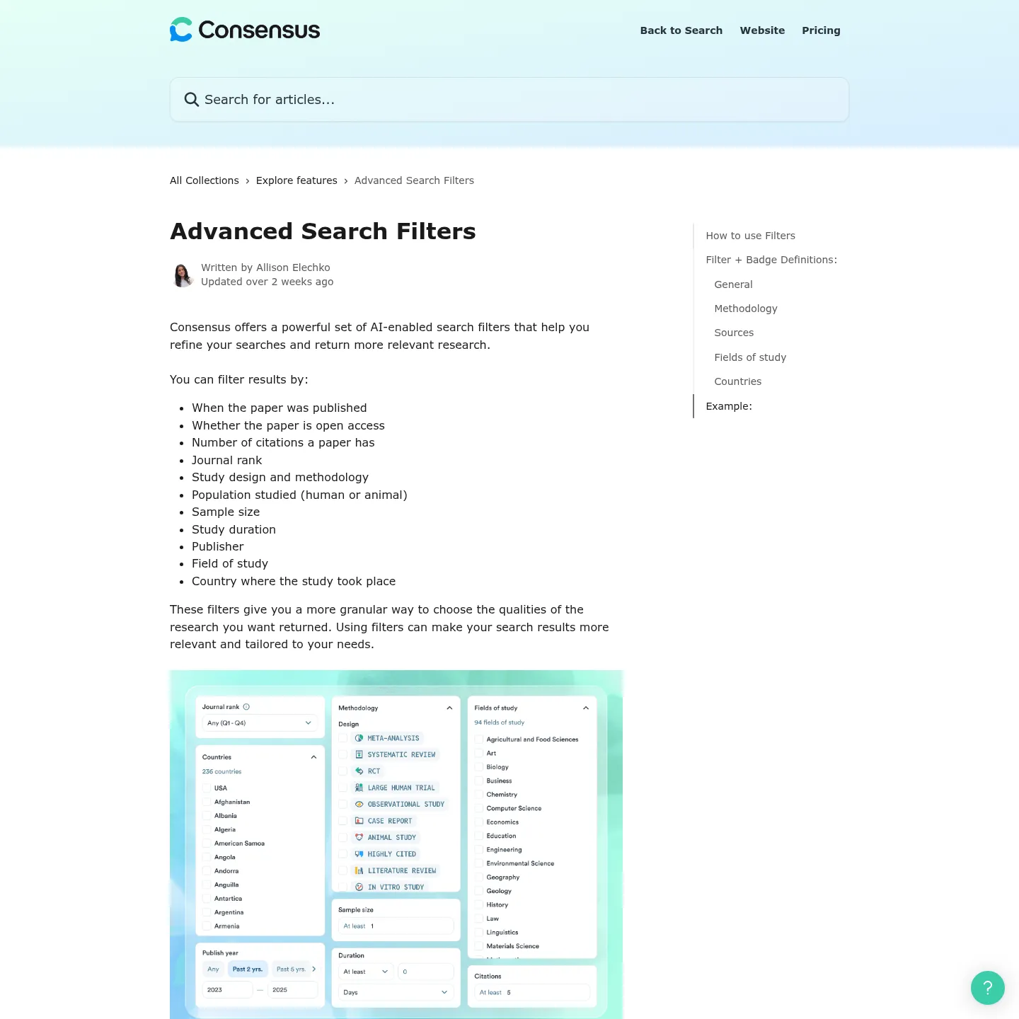 Consensus help page listing research filters including study design, country and exclusion of preprints