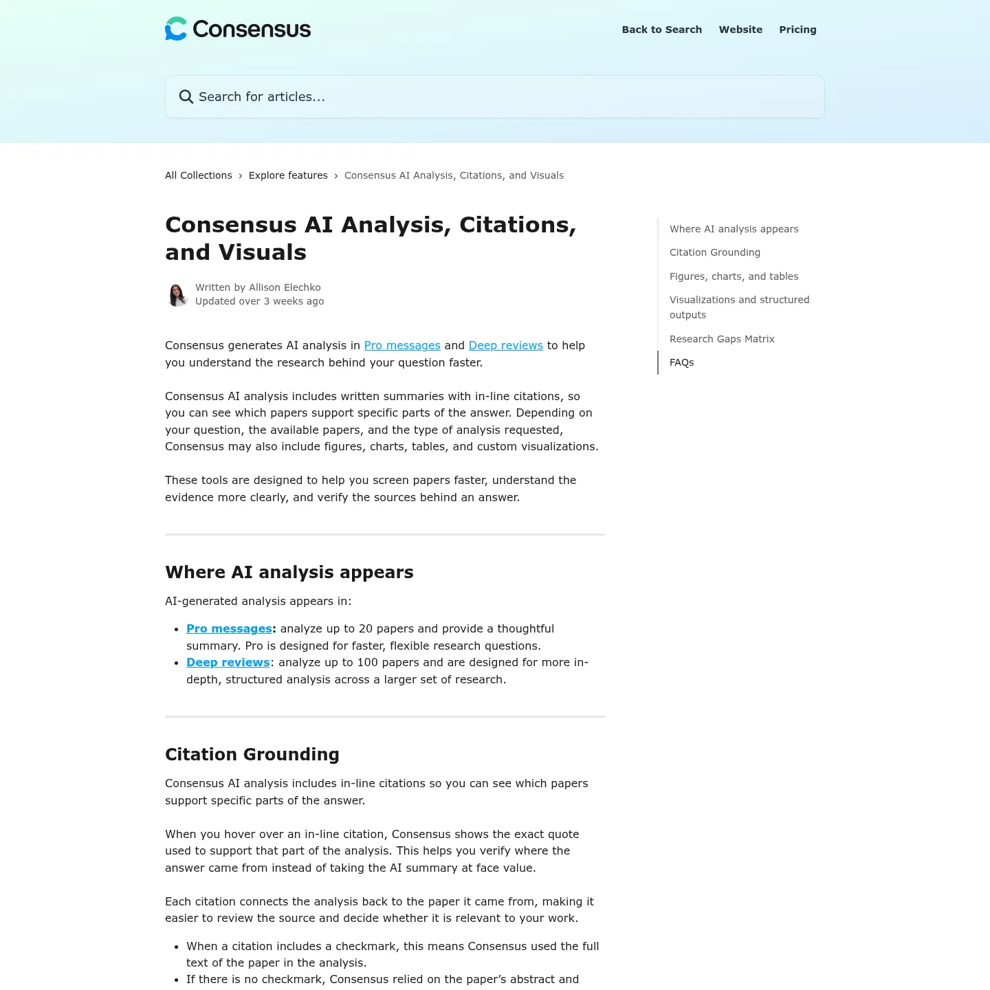Consensus documentation explaining supporting quotes and full-text citation checkmarks