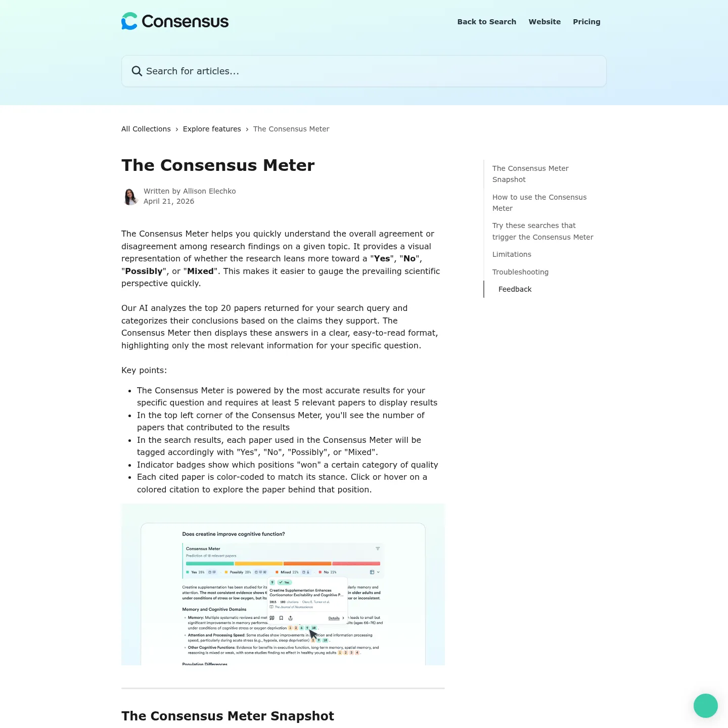 Consensus Meter guide explaining research positions and supporting quality indicators