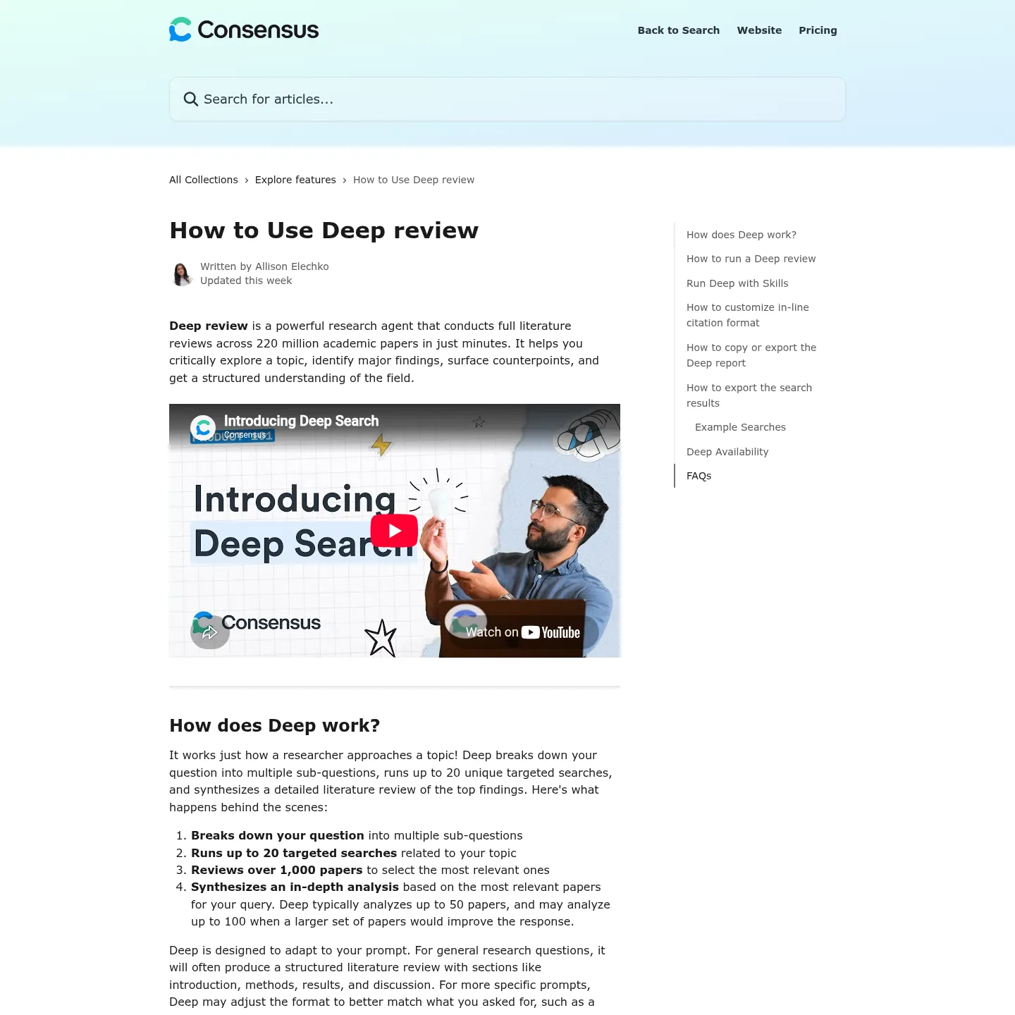 Consensus Deep review documentation with research workflow and report export instructions