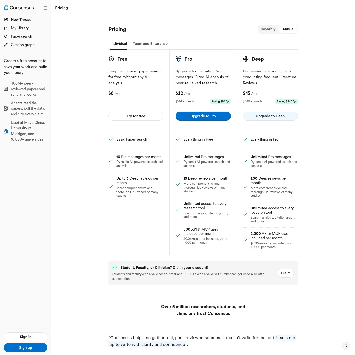Consensus live pricing page showing Free and annually billed Pro plans and Deep review limits