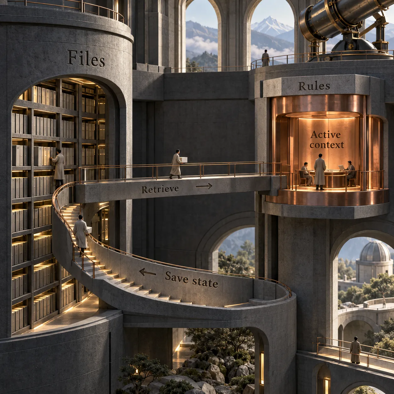 An architectural model separates stored files from active context, with paths for retrieval and saving state