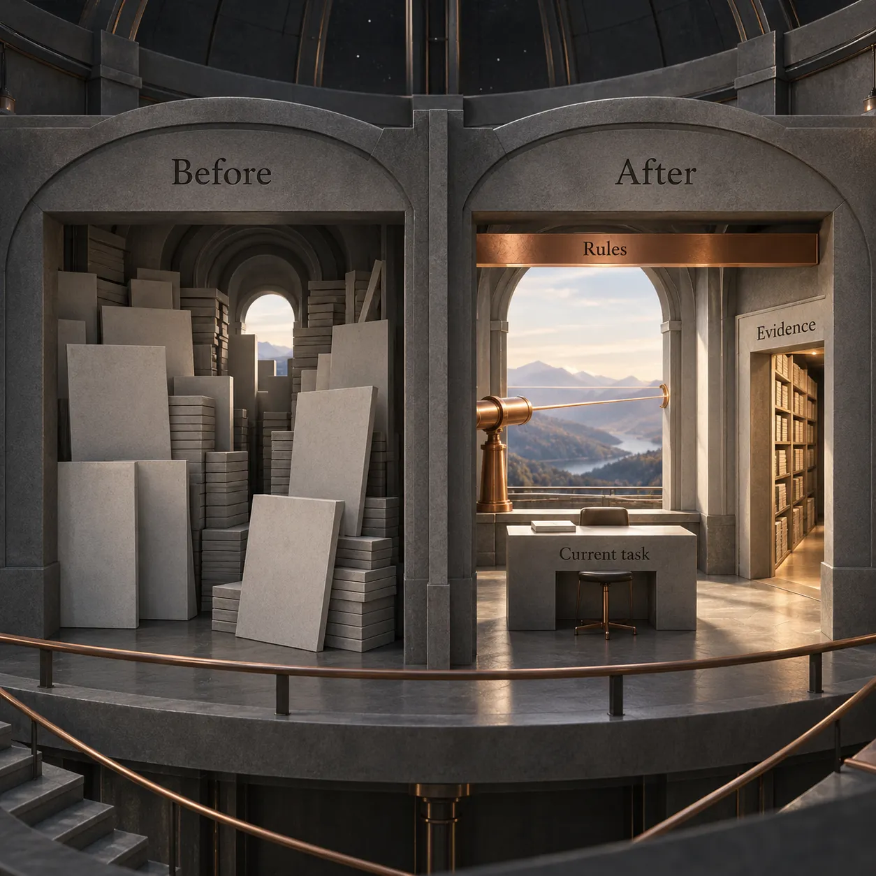 Before and after architectural rooms show an obstructed working space and a clear sightline with selected evidence