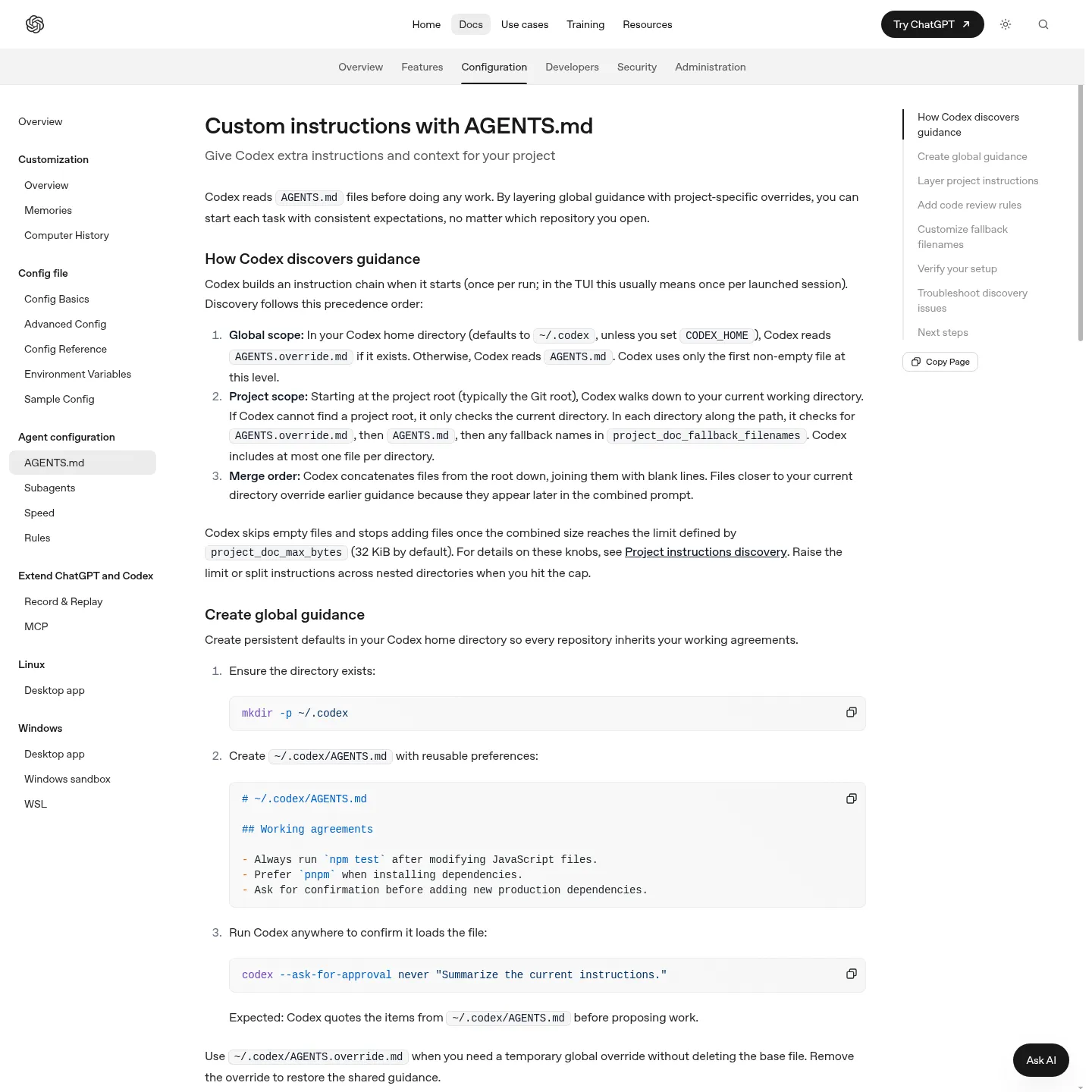 Official Codex documentation for AGENTS.md instruction discovery and overrides
