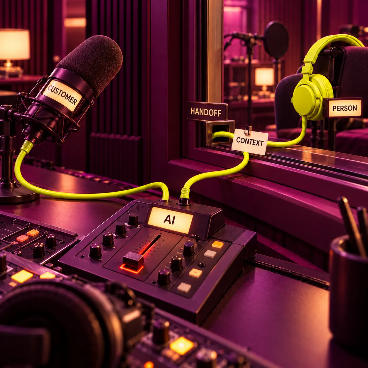 A radio-studio cable carries the customer conversation and context from AI through handoff to a human headset