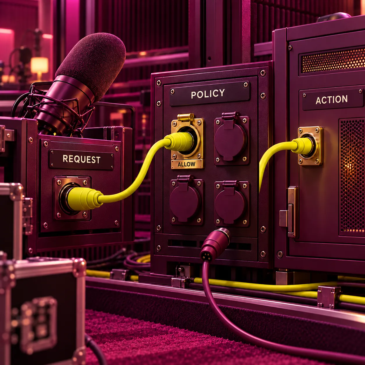 A physical policy patch panel sits between a request microphone and a locked action cabinet