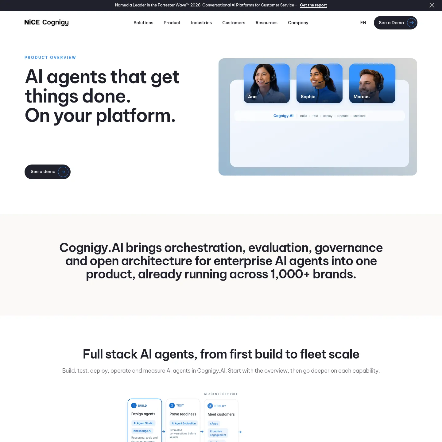 Cognigy platform page showing its AI agent building and contact-centre capabilities