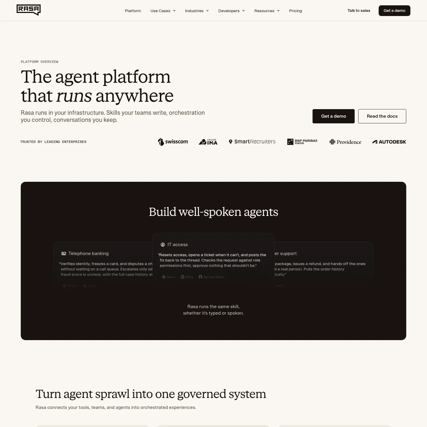 Rasa platform page describing agent development and operation