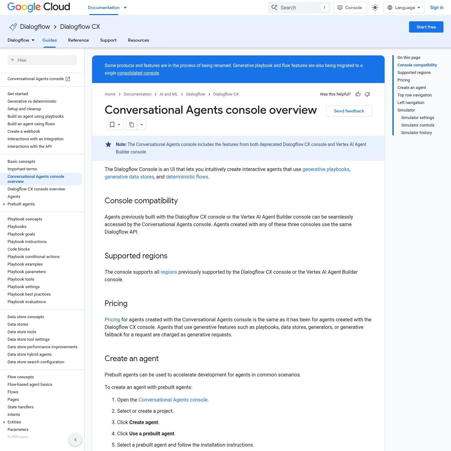 Google documentation for the Conversational Agents console