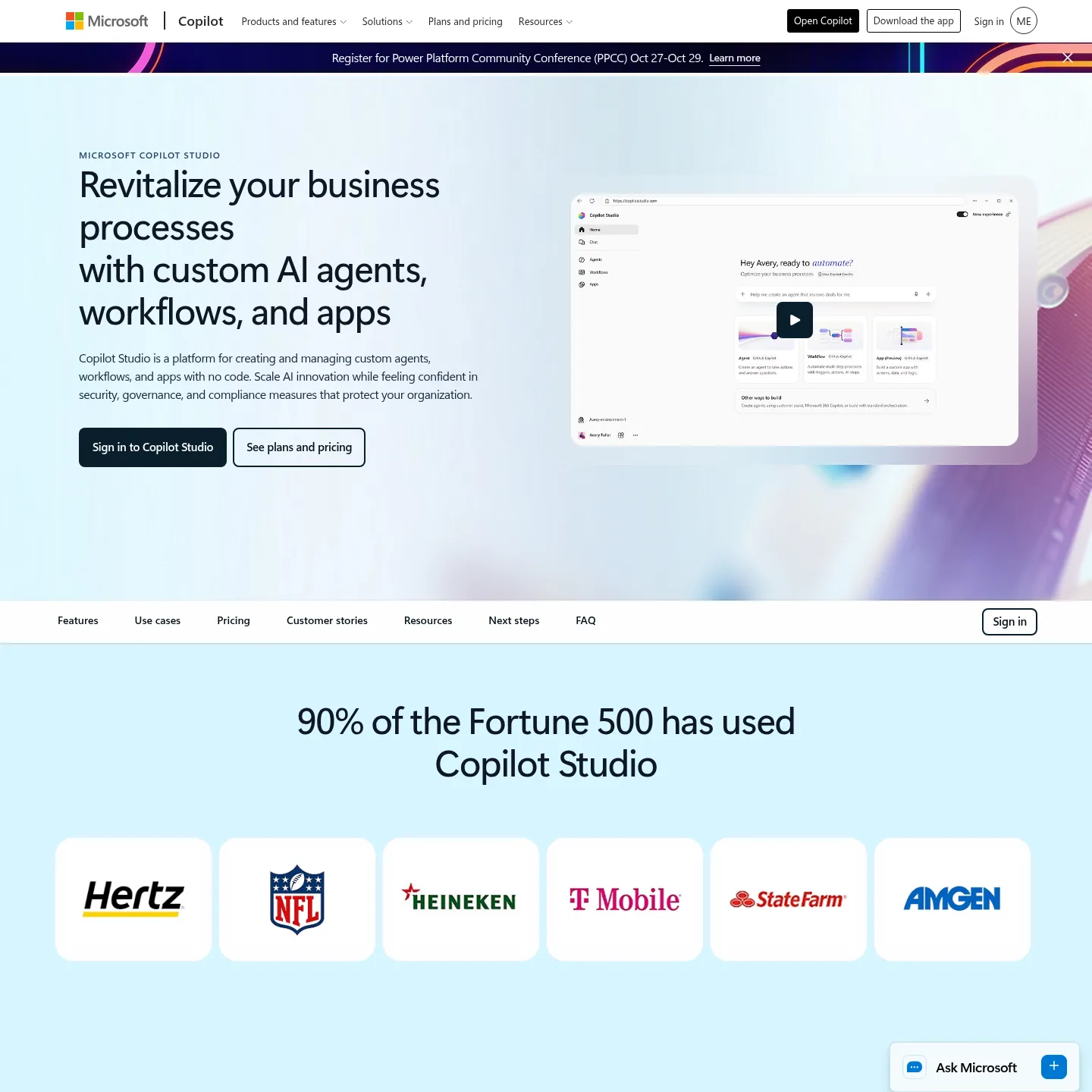 Microsoft Copilot Studio product page showing agent creation capabilities
