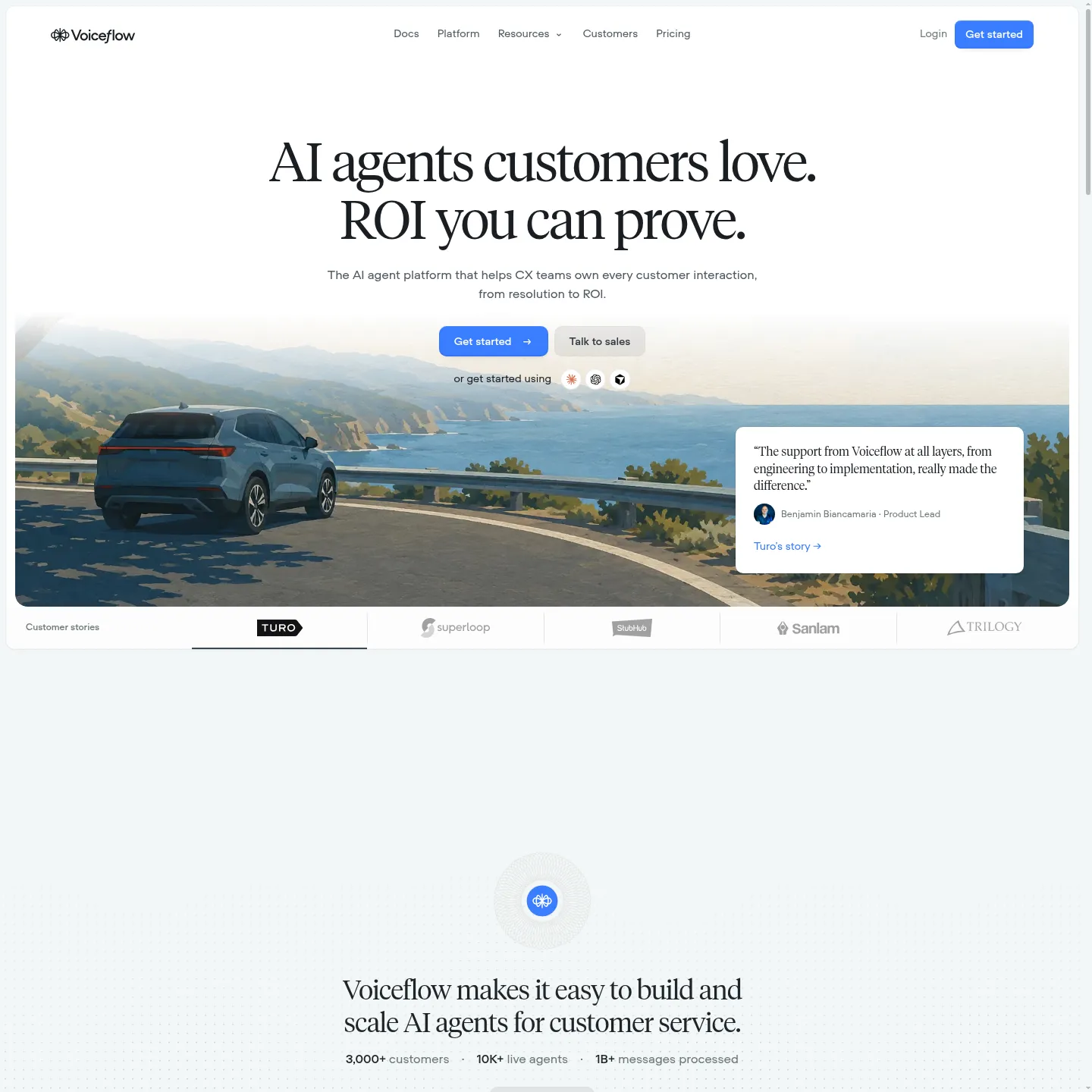 Voiceflow product site showing its agent design and production platform