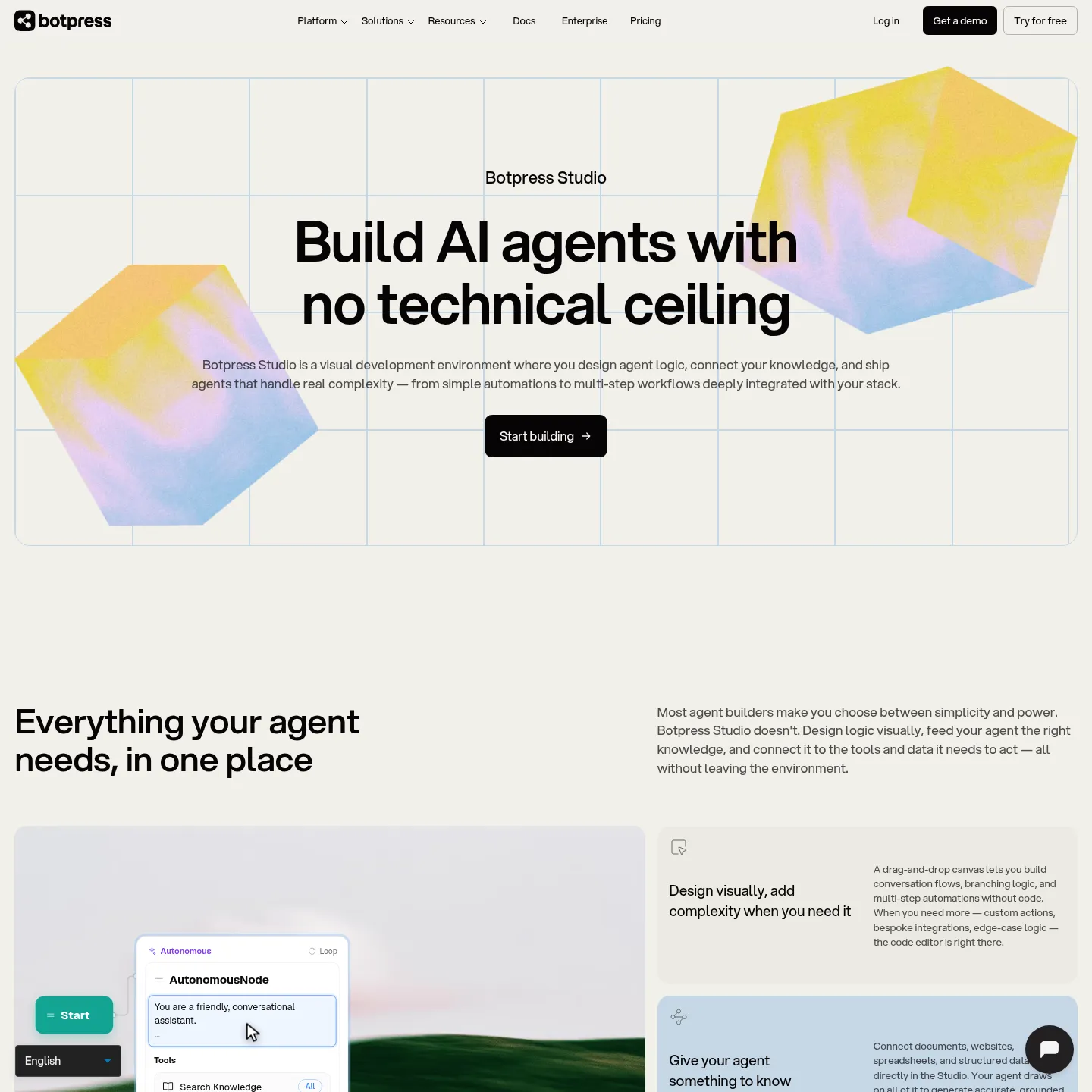 Botpress Agent Studio page showing its visual agent builder