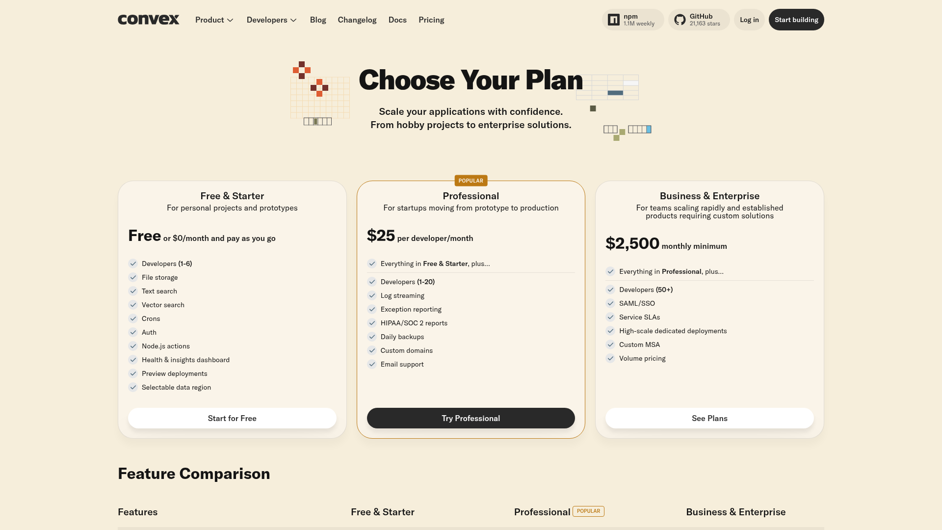 Convex pricing page with Free and Starter, Professional, and Business and Enterprise plans