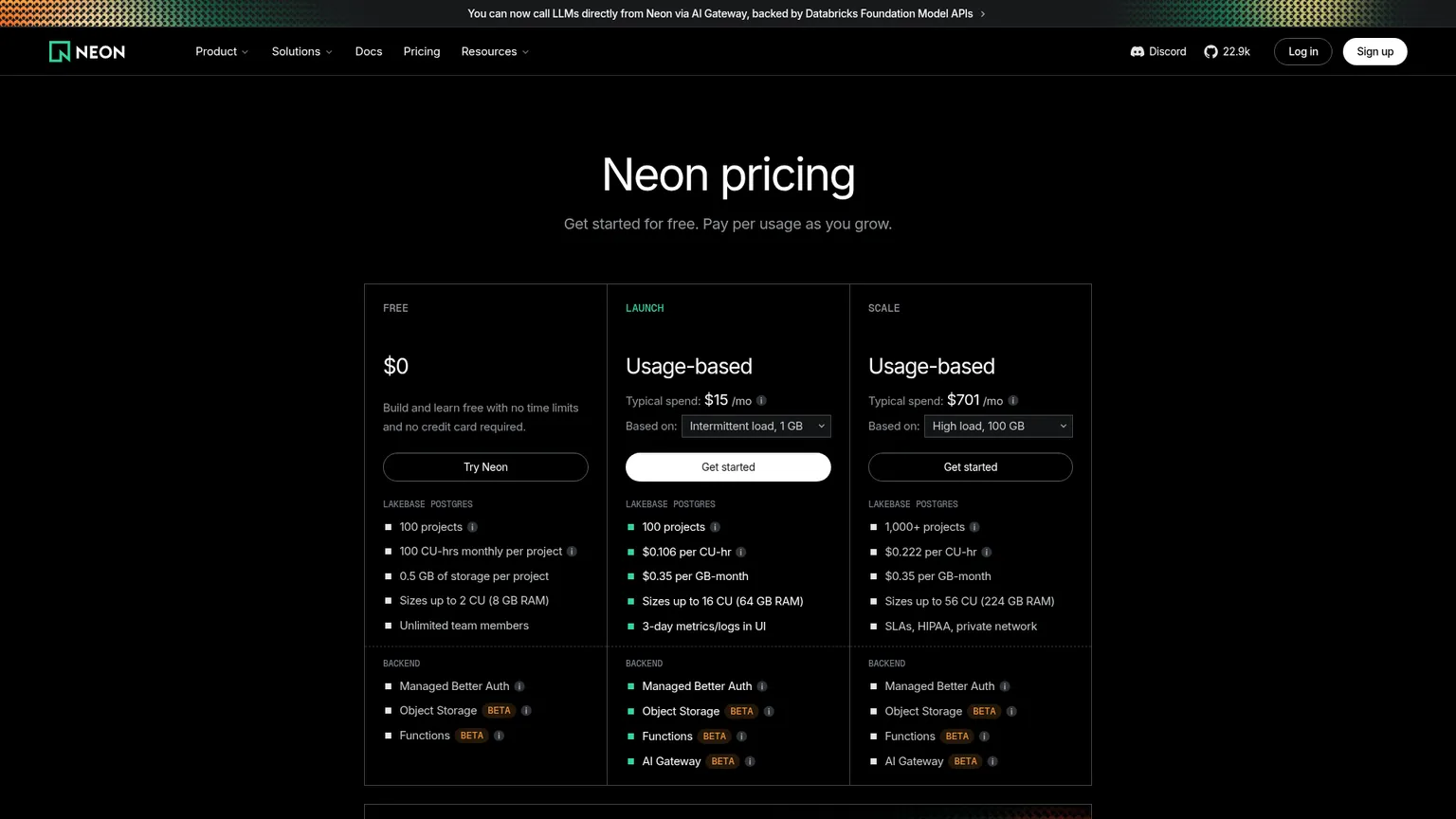 صفحة أسعار Neon وخطط Free وLaunch وScale