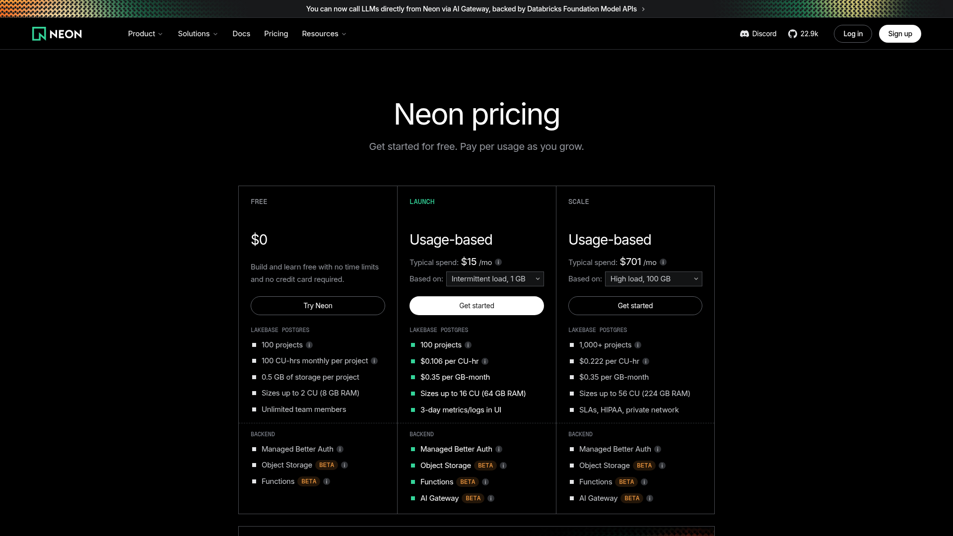 Neon pricing page with Free, Launch, and Scale plans