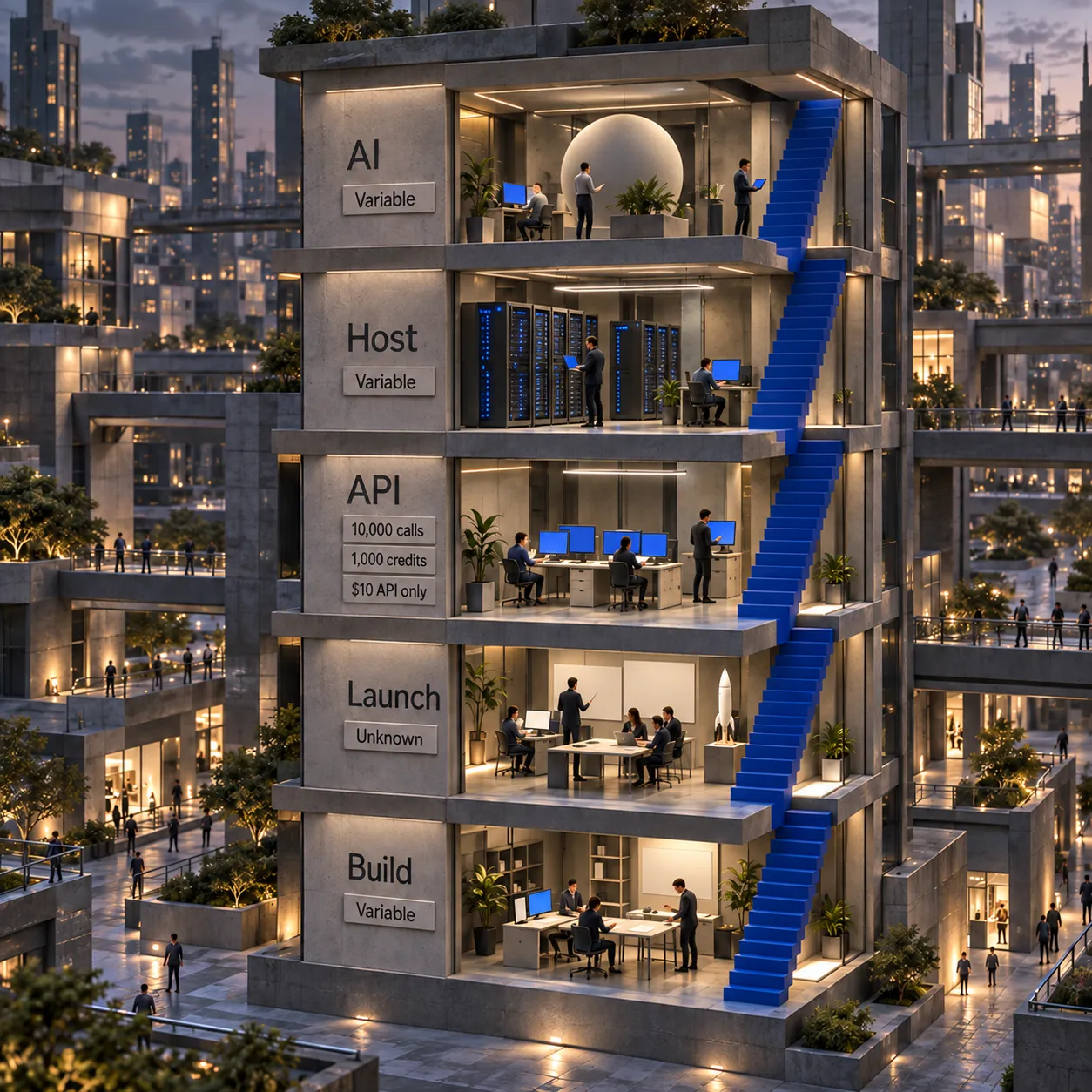 Architectural cost stack separating build, launch, API, hosting, and AI charges