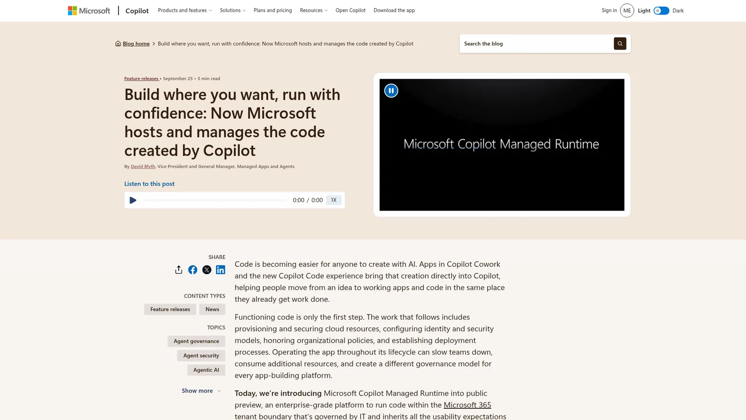 Microsoft announcement page for Copilot Managed Runtime public preview