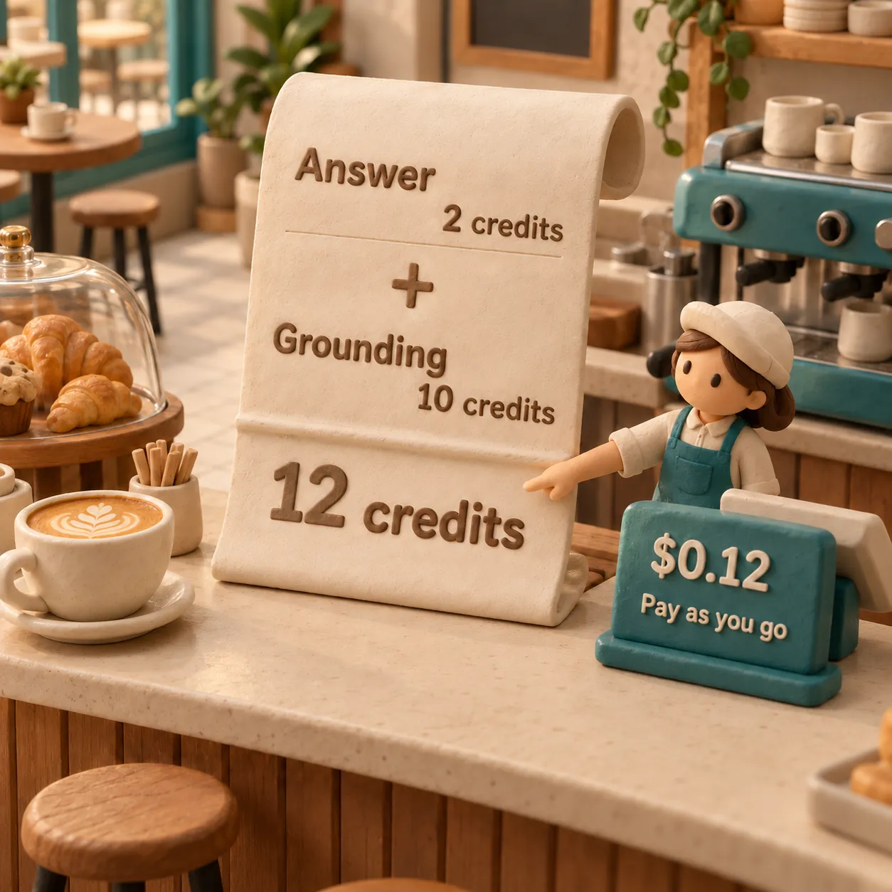A clay cafe receipt adds two credits for an answer and ten for grounding to total twelve credits, or twelve cents on pay-as-you-go