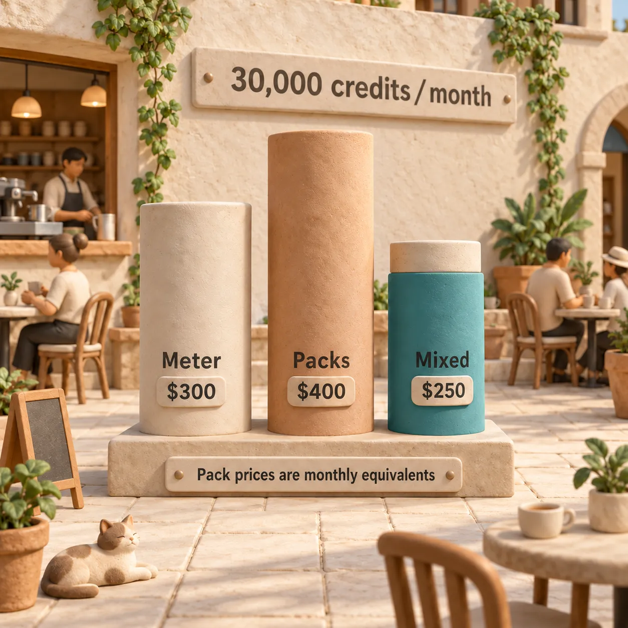 Three clay cost columns show three hundred dollars for metered usage, four hundred for two packs, and two hundred fifty for one pack plus overflow at thirty thousand monthly credits
