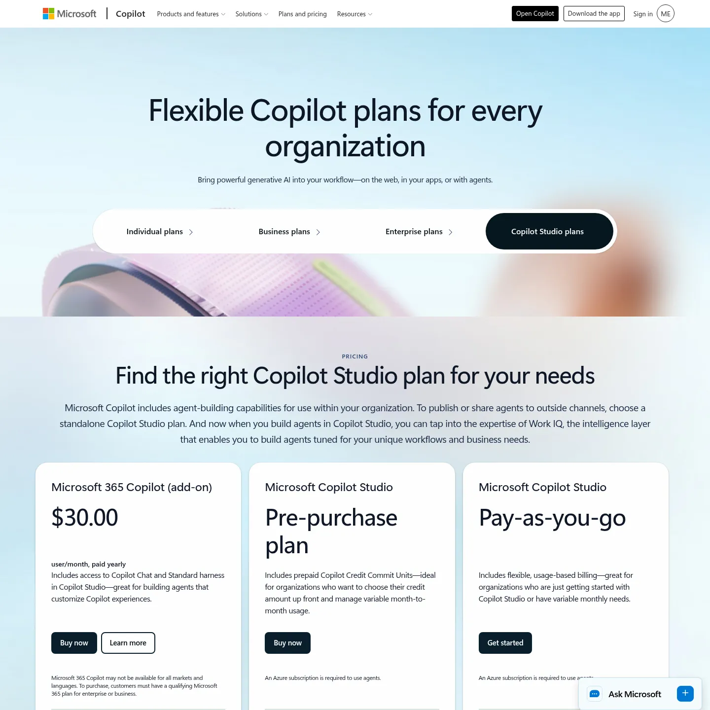Microsoft Copilot Studio plans page with standalone consumption options and Microsoft 365 use rights