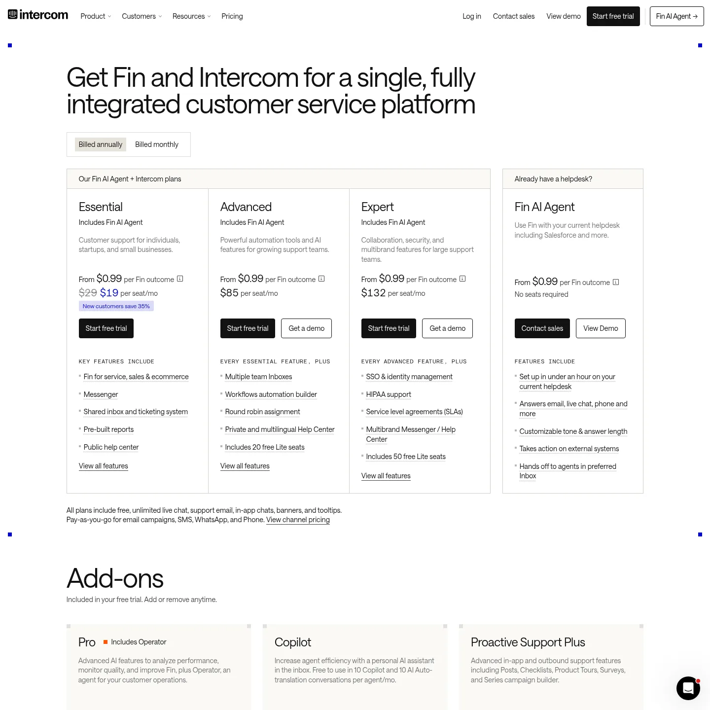 Intercom pricing page showing Fin outcome pricing and helpdesk options
