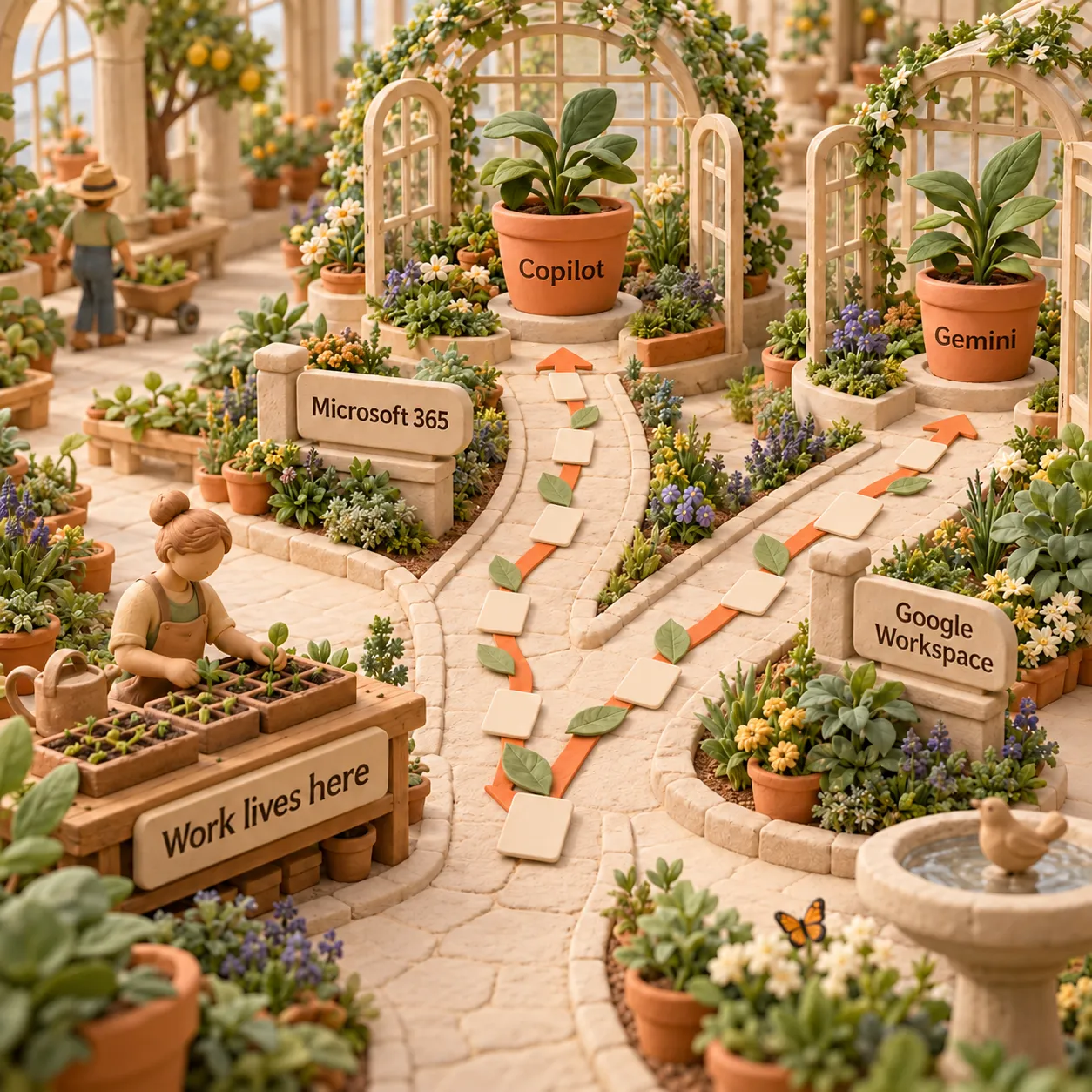 A branching conservatory path leads from the existing work environment to Copilot for Microsoft 365 or Gemini for Google Workspace.