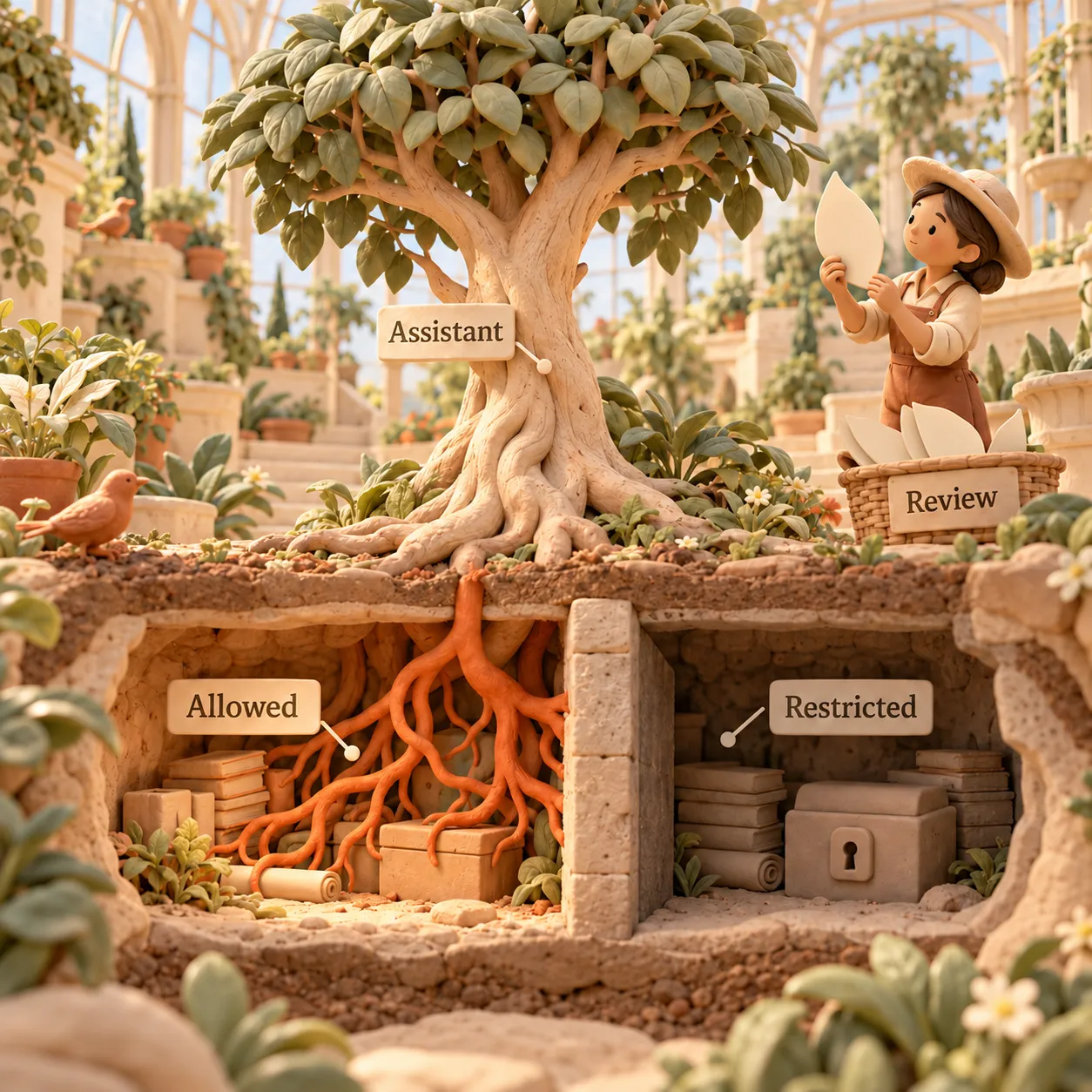A clay tree representing the assistant reaches allowed sources while a sealed wall blocks restricted sources; a person reviews the output.
