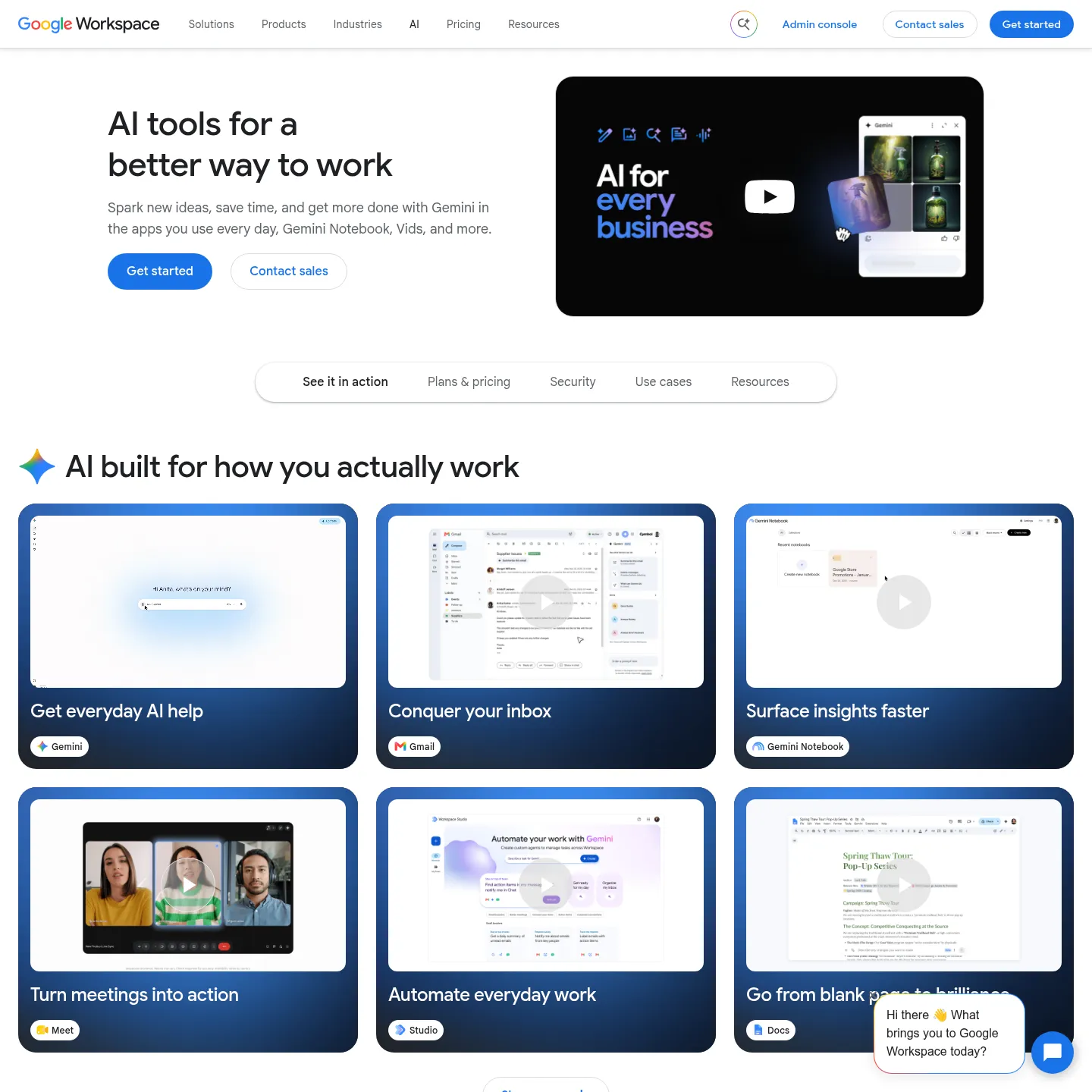Google's Workspace AI page showing Gemini across its business productivity apps.