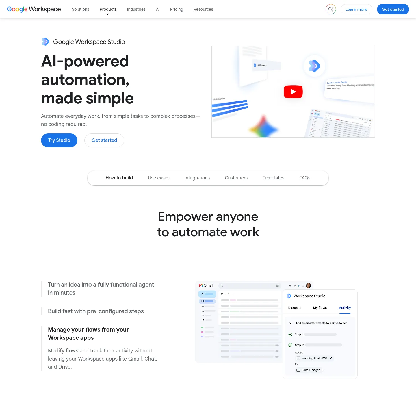 Google Workspace Studio's official page showing workflow creation and Workspace automation examples.